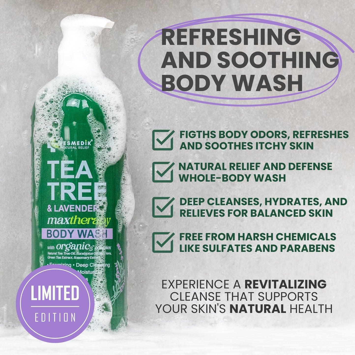 KESMEDIK Tea Tree Lavender Body Wash MaxTherapy, Itchy Skin Relief, Antifungal Defense, Fights Body Odor, Soothes Jock Itch & Athlete's Foot, Intimate Wash, Men & Women, 16 fl oz, Limited Edition