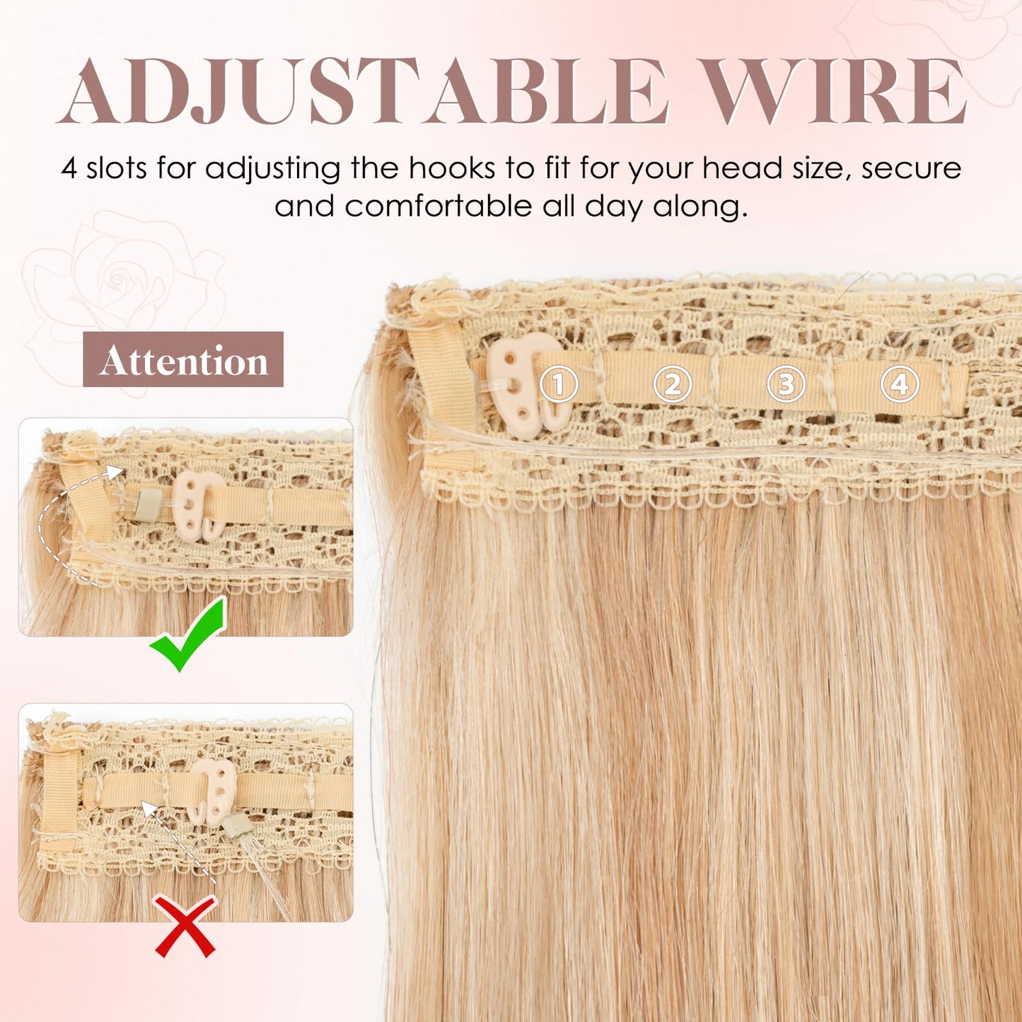 S-noilite Halo Hair Extension Invisible Wire in Real Remy Human Hair Extensions with Clips Adjustable Hidden Wire in Hair Extension for Women 14 inch Ash Brown Highlighted Blonde
