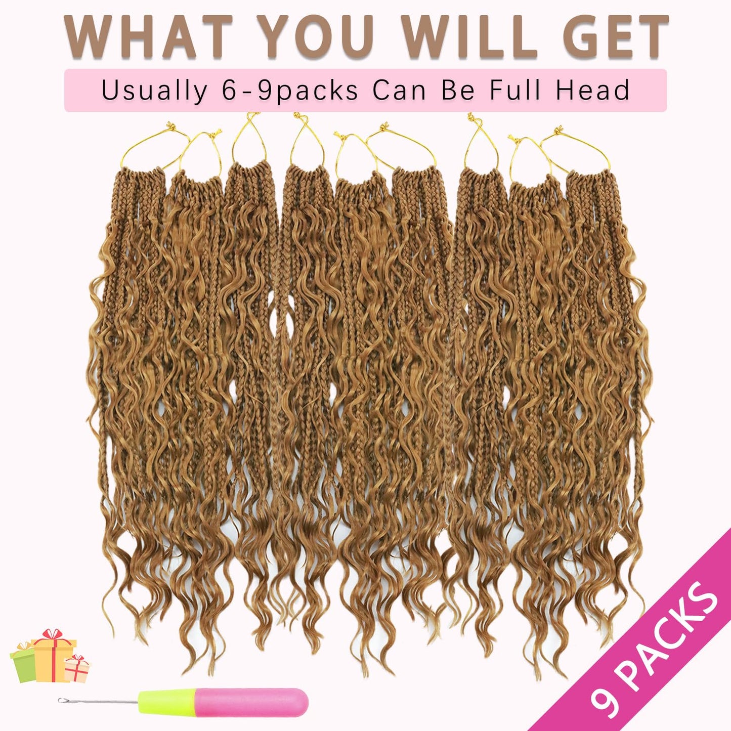Boho Crochet Braids Human Hair 12 Inch Boho Crochet Braids Pre looped 9 Packs Bohemian Goddess Box Braids Crochet Hair For Women