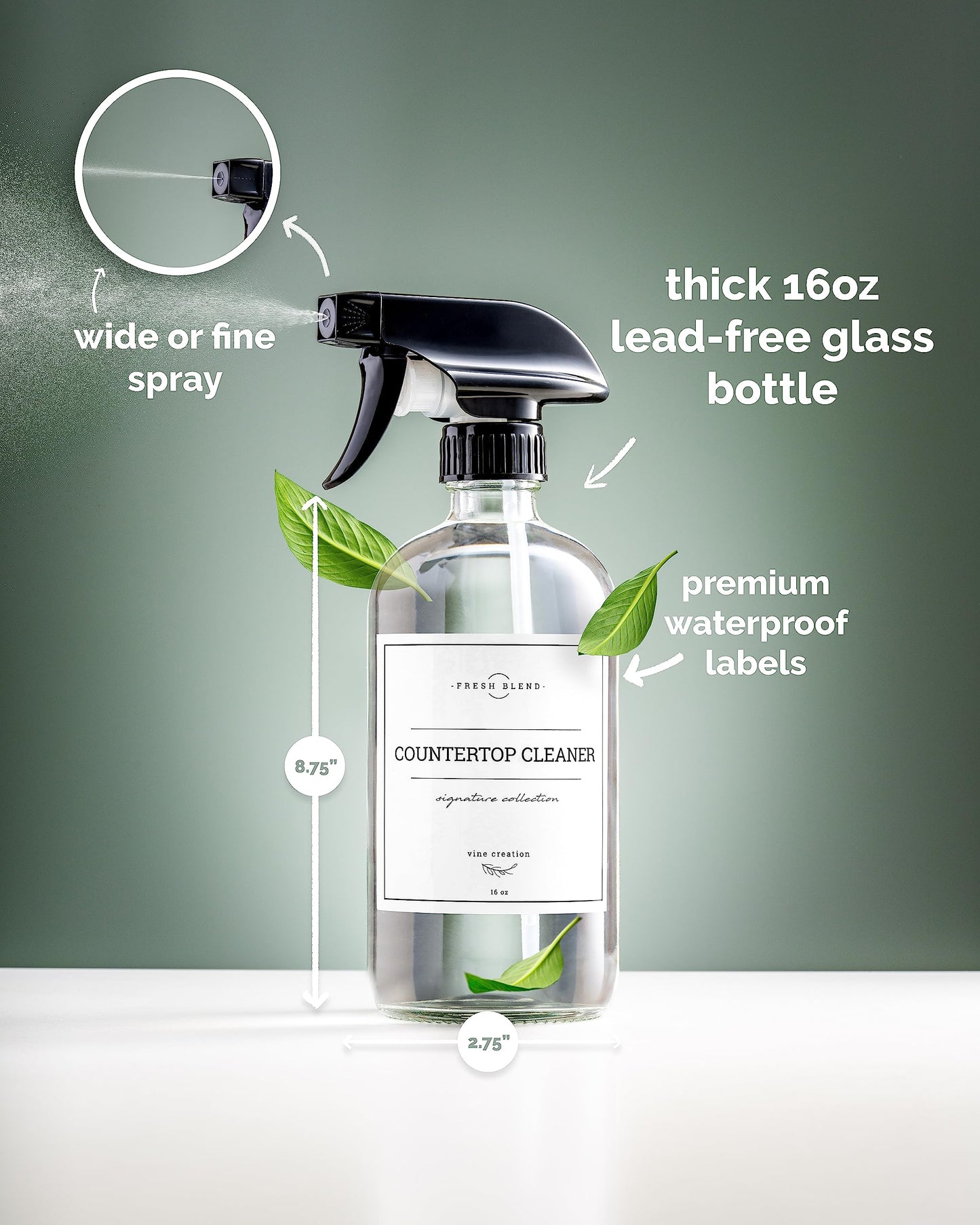 Vine Creations Glass Spray Bottles, 2 Pack Refillable Spray Bottles for Cleaning Solutions, Plant Misters, Clear Glass Spray Bottle for hair, 16 oz Mister Spray Bottle with Waterproof Labels