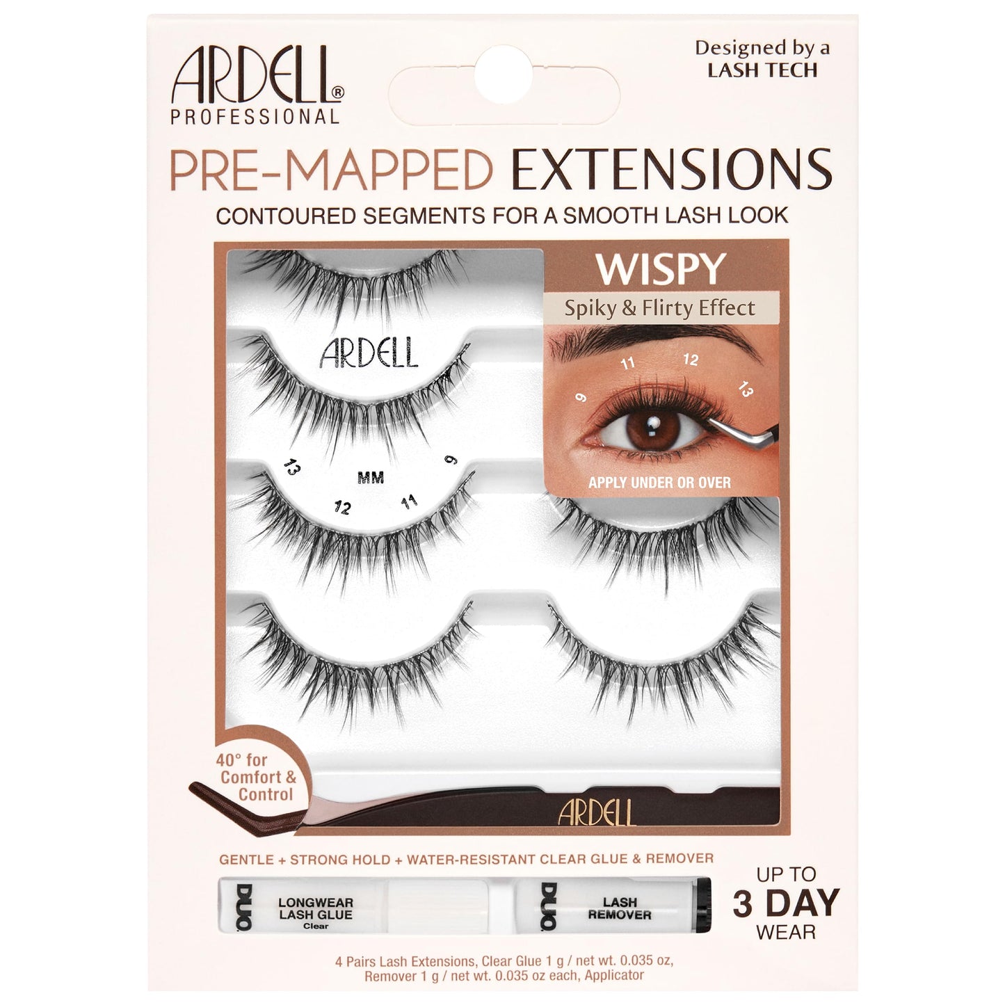 Ardell Pre-Mapped Eyelash Extensions Kit - False Lashes Wispy, Reusable Segmented Lash Strips, Long-Lasting with Lash Glue and Remover, 4 Pack