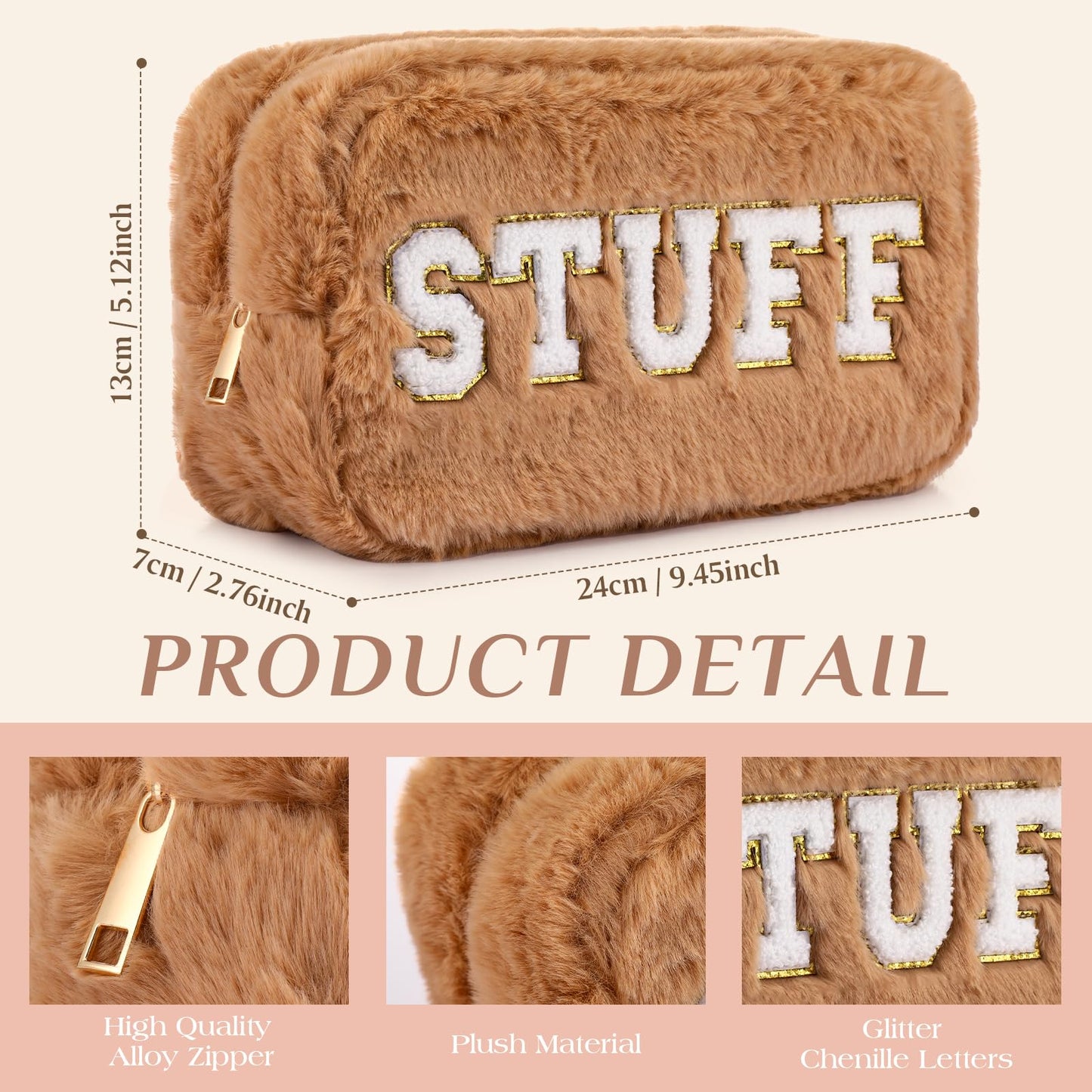 Paterr 4 Pieces Preppy Makeup Bag Chenille Letter Faux Fur Fluffy Bag Preppy Stuff Face Skin Hair Stuff Cute Toiletry Cosmetic Travel Bags Pouch with Zipper for Girls Women(Pink Brown)