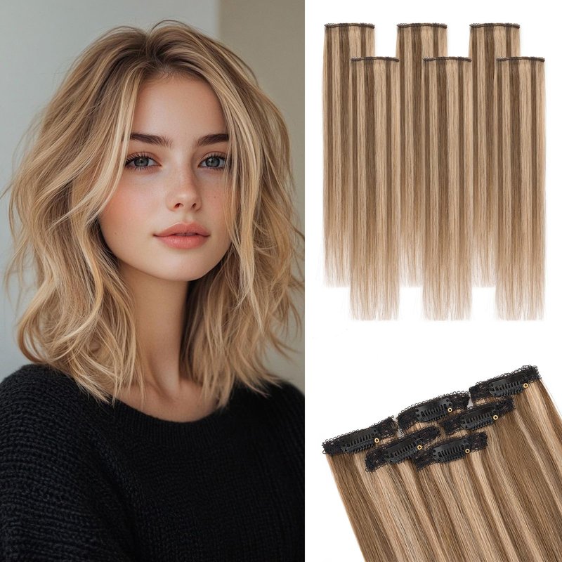 TESS 6PCS Clip in Short Hair Extensions Real Human Hair 6 Single Mini Clips in Extensions Lace Weft Straight Hairpiece for Women Add Highlight and Volume 14 Inch, Chocolate Brown Mixed Light Brown