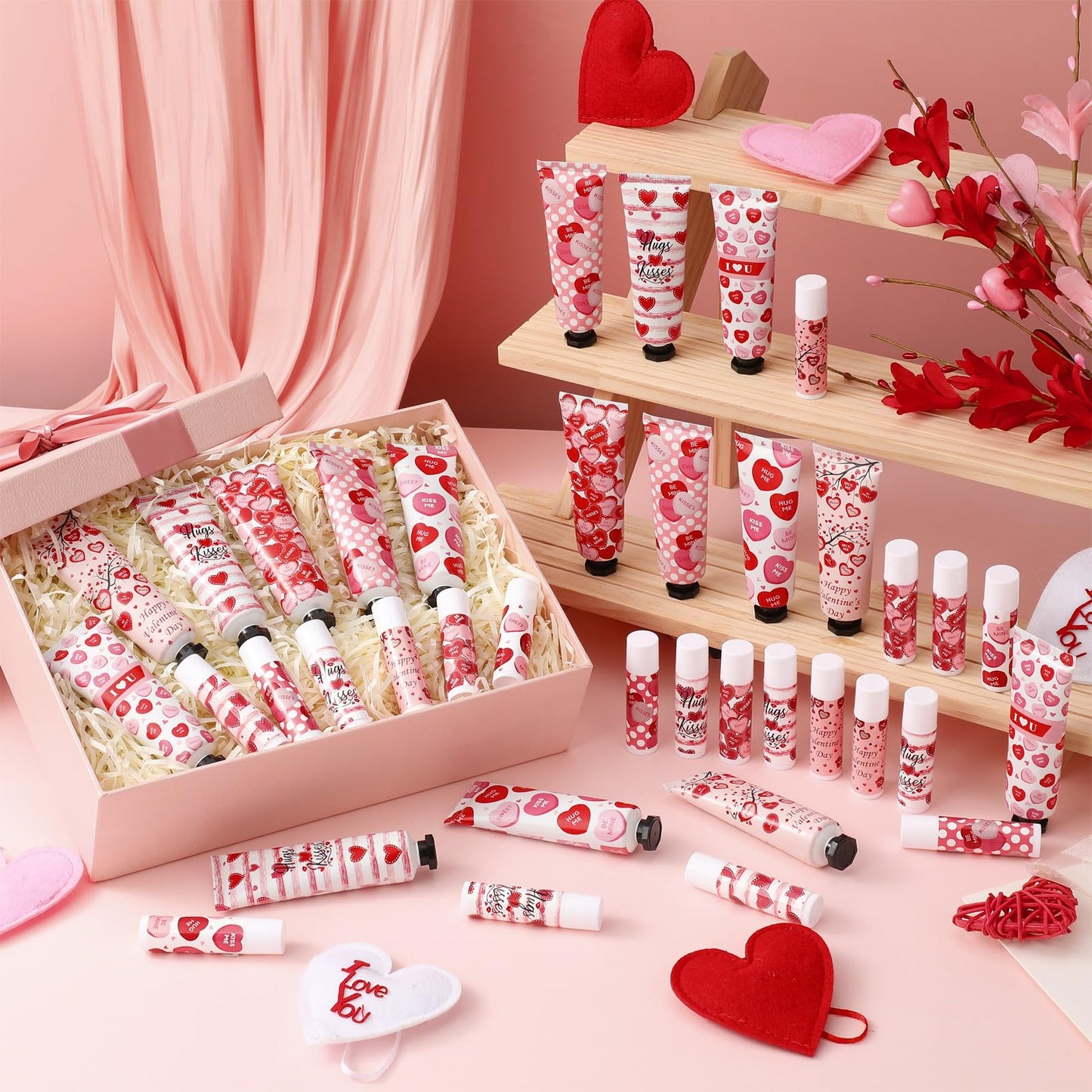 Demissle 24 Sets Bulk Hand Cream & Lip Balm Party Favors for Women – Red Heart Candy Moisturizing Hand Lotion Set, Mother's Day Basket Stuffers Gifts, Teacher & Coworker Appreciation Goodie Bags
