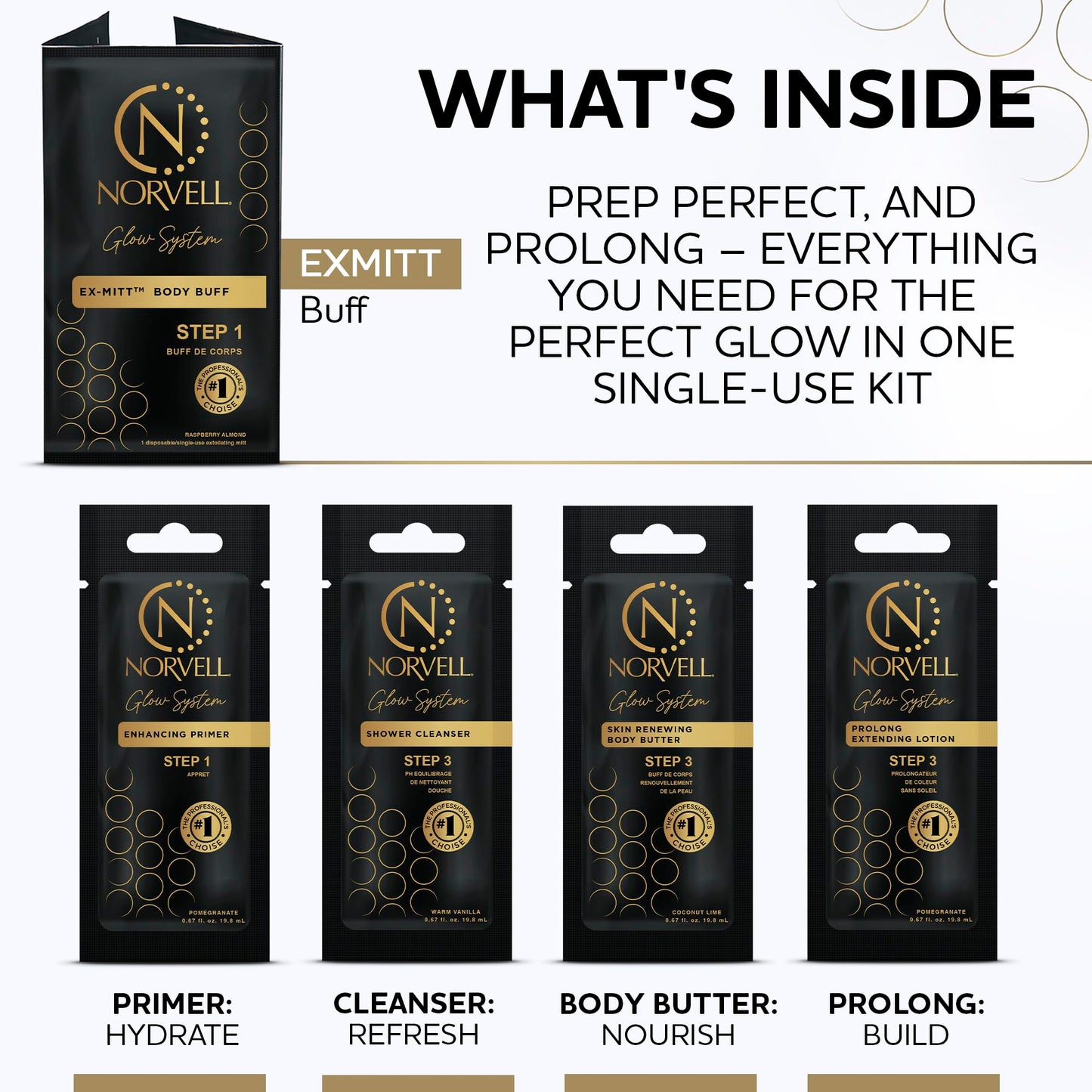 Norvell Glow System Trial Set – 5-Step Sunless Tanning Essentials with Exmitt, Primer, Cleanser, Body Butter & Prolong – Reusable Travel Pouch