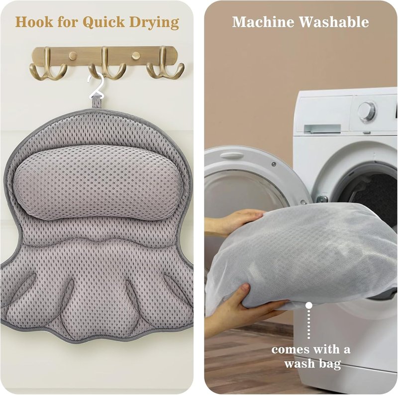 Luxury Bath Pillow - Extra Soft Bathtub Head & Neck Support | 4D Air Mesh Cushions, Non-Slip Suction Cups - Gray