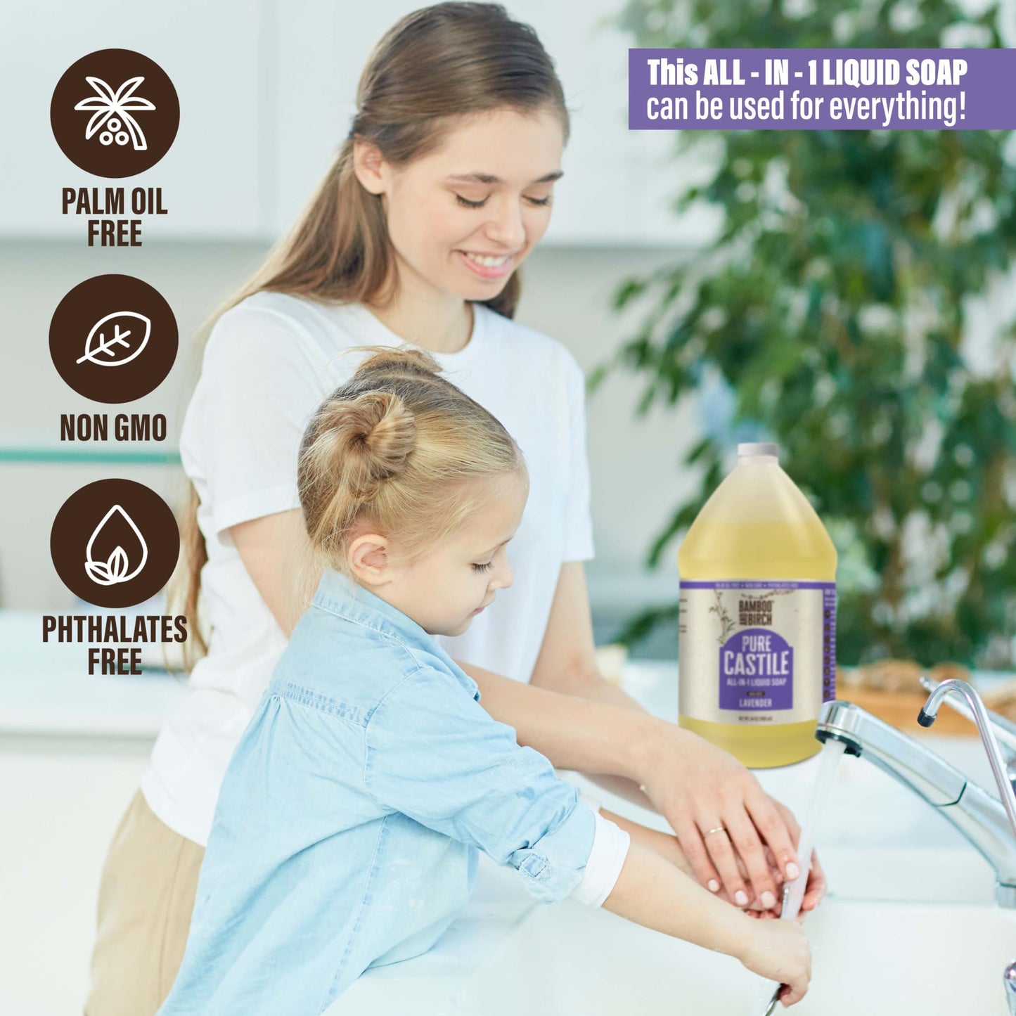 BAMBOO AND BIRCH Pure Castile Soap Liquid, Certified Palm Oil Free Natural Soap, Lavender, 1 Gallon