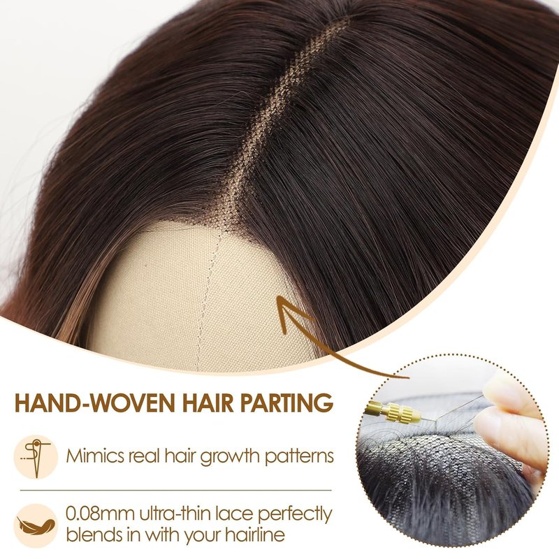 AISI HAIR 18 Inch Brown Highlights Wig - Medium Length Curly Glueless Synthetic Hair for Daily Wear & Cosplay