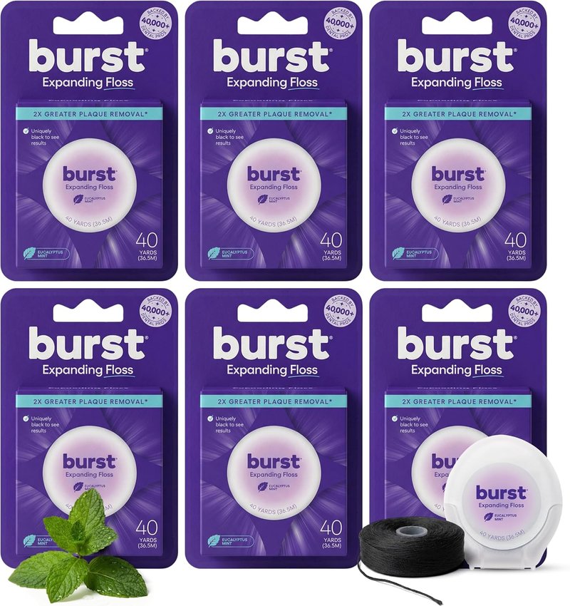 BURST Expanding Dental Floss - Mint Eucalyptus | 240 Yards of Stain-Absorbing, Vegan Floss with Xylitol