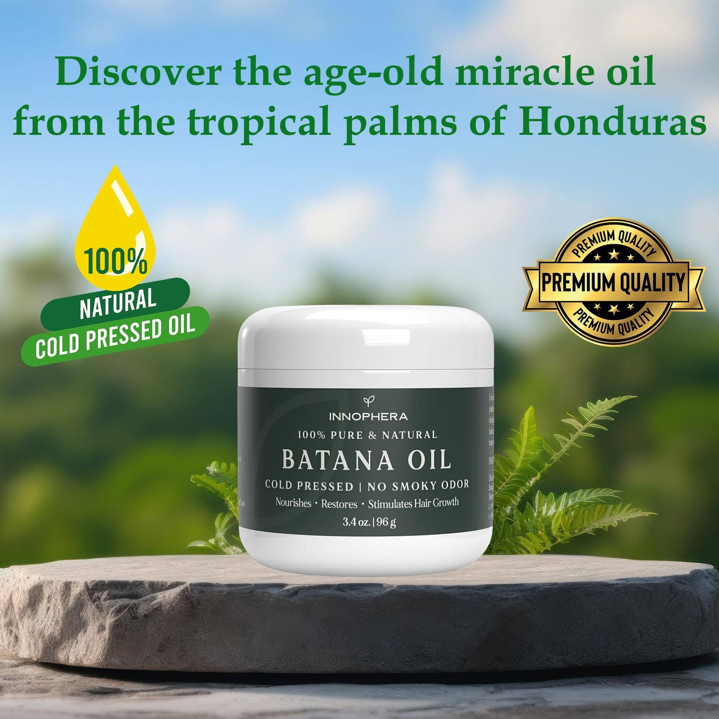 Innophera Batana Oil for Hair Growth ‒ Cold Pressed with No Smoky Odor ‒ 100% Pure & Natural from Honduras ‒ Nourishes, Moisturizes & Restores Hair ‒ 3.4 oz.