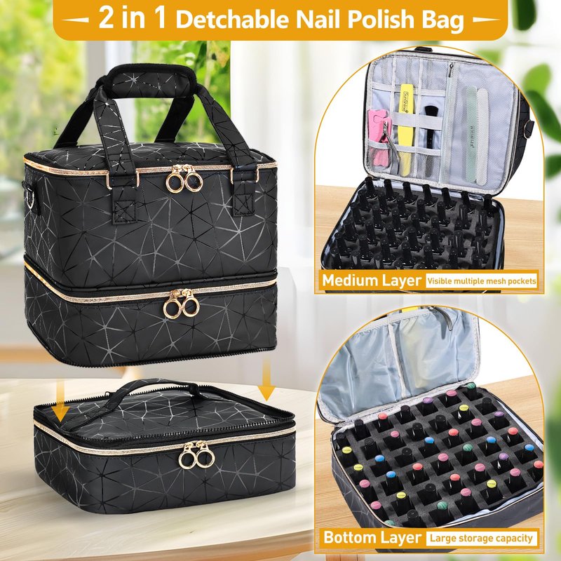 YUYAFN Large Nail Polish Organizer Bag Holds 84 Bottles Nail Polish and a Nail Lamp, PU Leather Nail Kit Storage Carrying Case, Removable Portable Travel Nail Art Tool Storage
