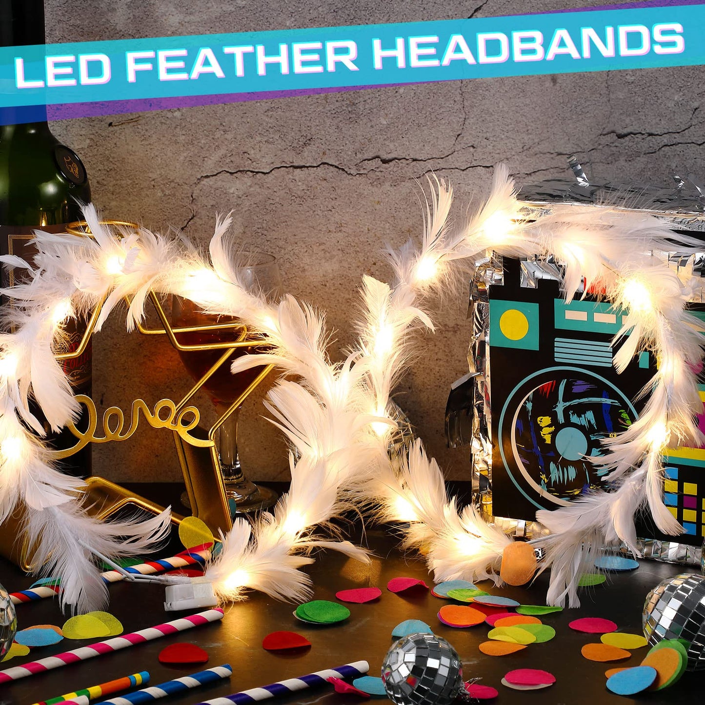 Taiyin 50 Pieces LED Feather Crown Headbands - Luminous Flashing Hair Accessories, Adjustable Light up Wreath for Women (Warm White)