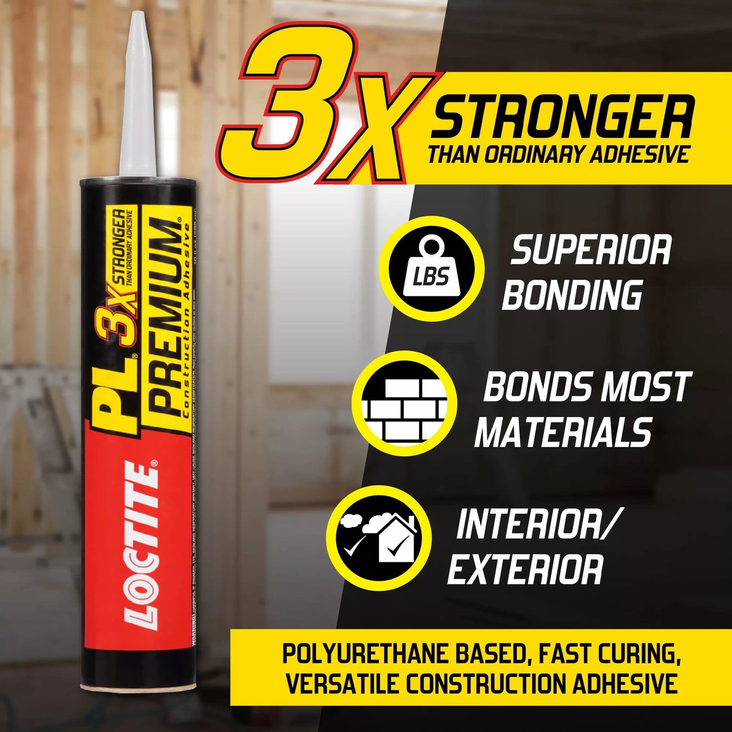 Loctite PL Premium Polyurethane Construction Adhesive, 10 fl oz Cartridge, 1 Pack - Versatile Construction Glue for Wood, Concrete, Stone, Metal & More