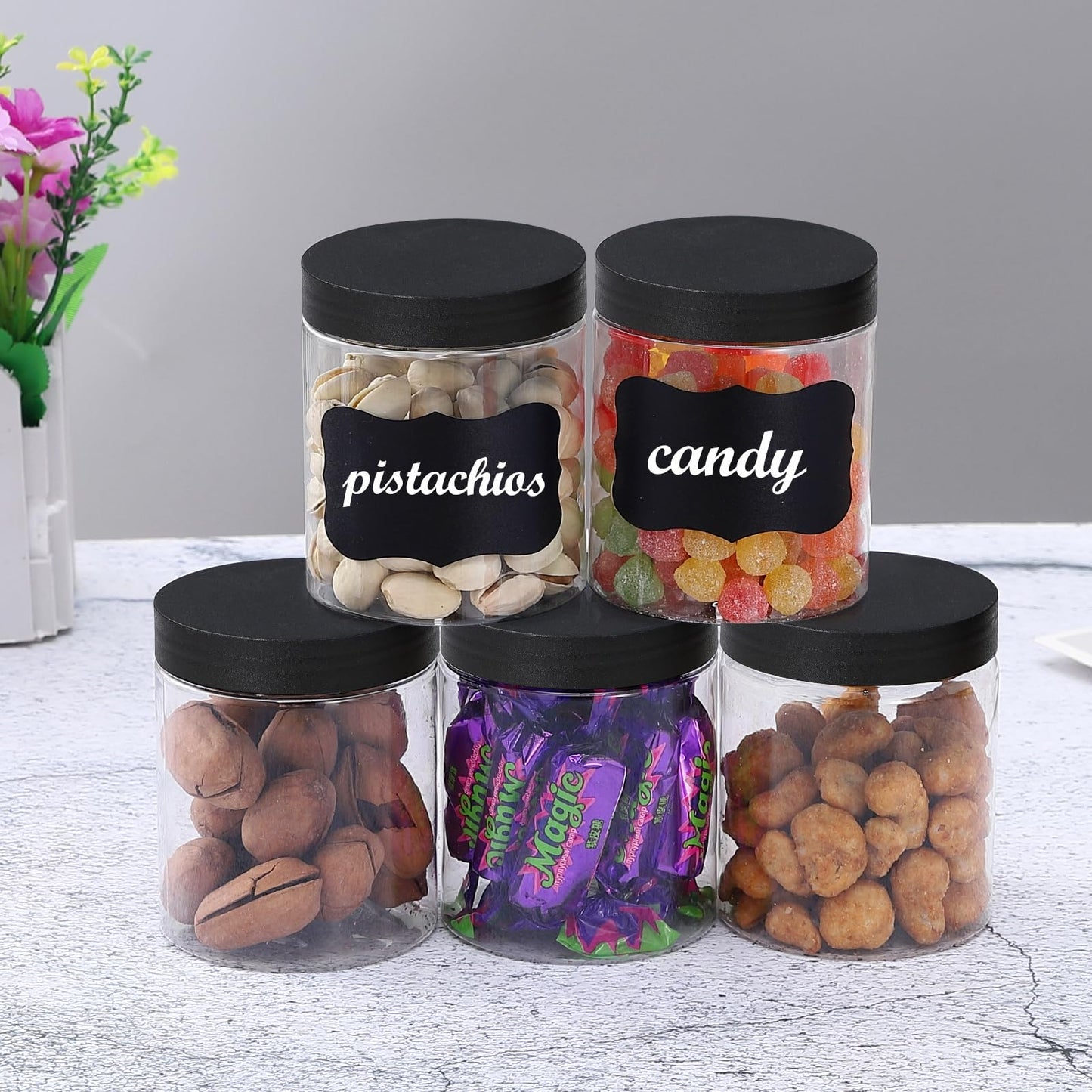 36PCS16OZ Plastic Jars with Screw On Lids, Labels Refillable Empty Round Slime Containers for Storing Dry Food, Honey Jam, Cream, Butter, Lotion (matte black)