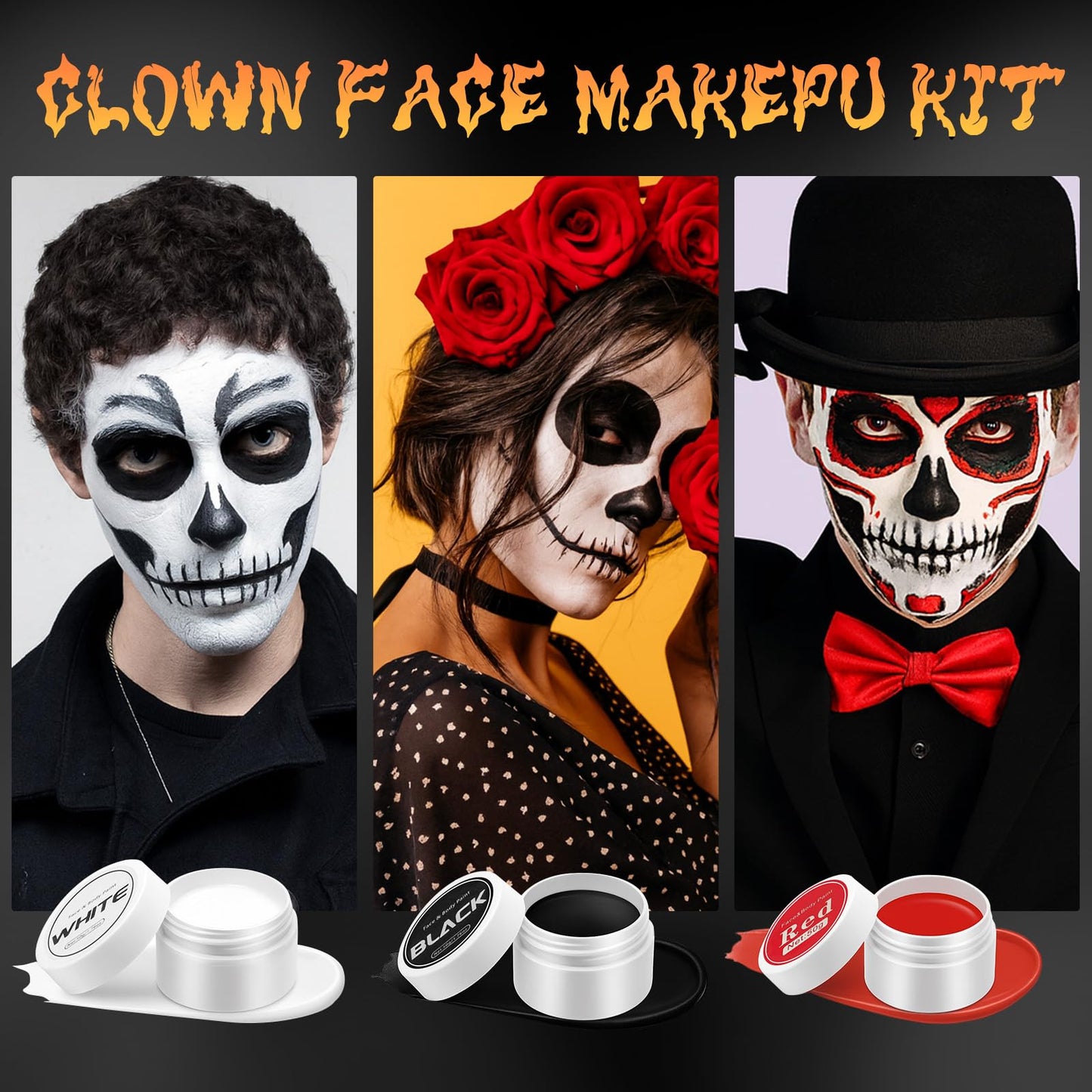 JUYANGYAN Red Black and White Face Body Paint Set, Highly Pigmented Clown Makeup Kit, Professional Face Paint for Halloween Skeleton Cosplay Joker Vampire Zombie Ghost SFX Makeup