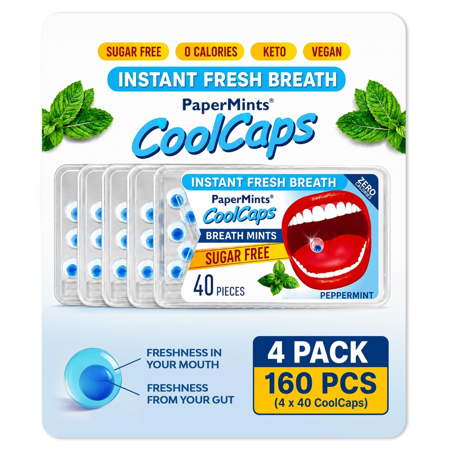 Papermints Coolcaps Liquid Burst Breath Mints. Dual-Action for Instant Fresh Breath + Gut Odor Control – Peppermint Flavor, Sugar Free, 0 Calories, Pocket Size - 4 Pack of 40 pieces - 160 Total