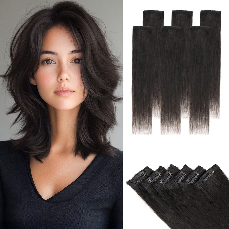 Short Hair Extensions Clip ins,S-noilite Short Clip in Hair Extensions Real Human Hair,Mini Hairpieces for Add Volume and Highlights,6 Pieces 33g 12 inch Natural Black