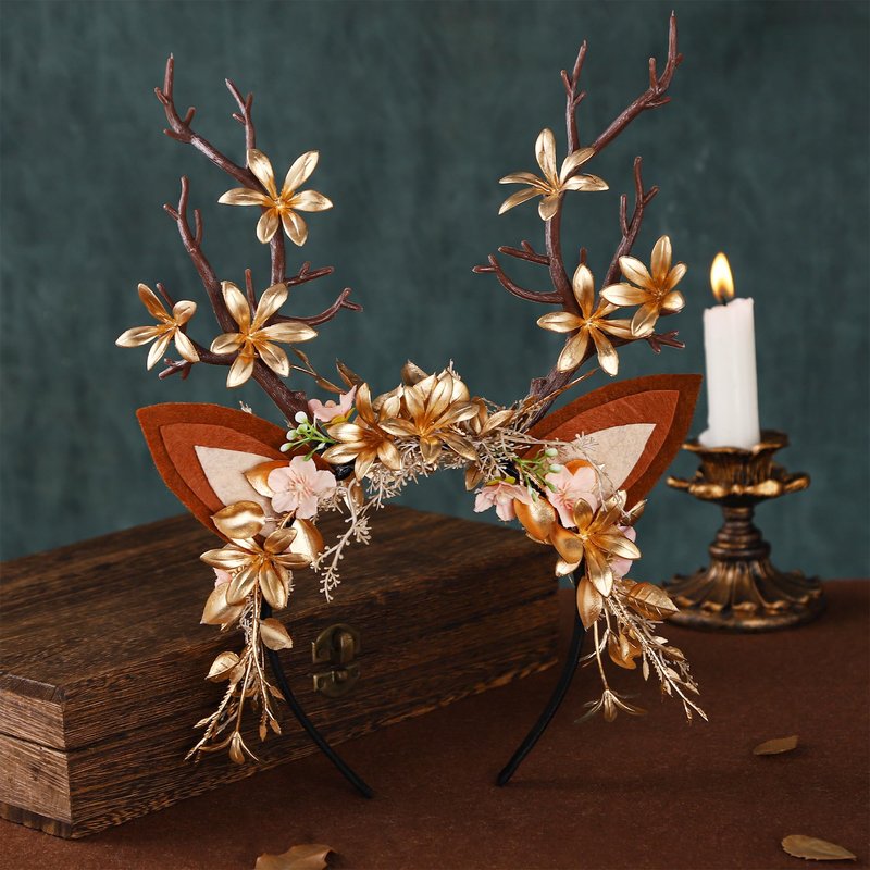MOSTORY Handmade Antler Branch Headband Gold - Adjustable Reindeer Tree Crown with Flowers Floral Woodland Headpiece for Renaissance Christmas Cosplay Prom Costume Photo Props