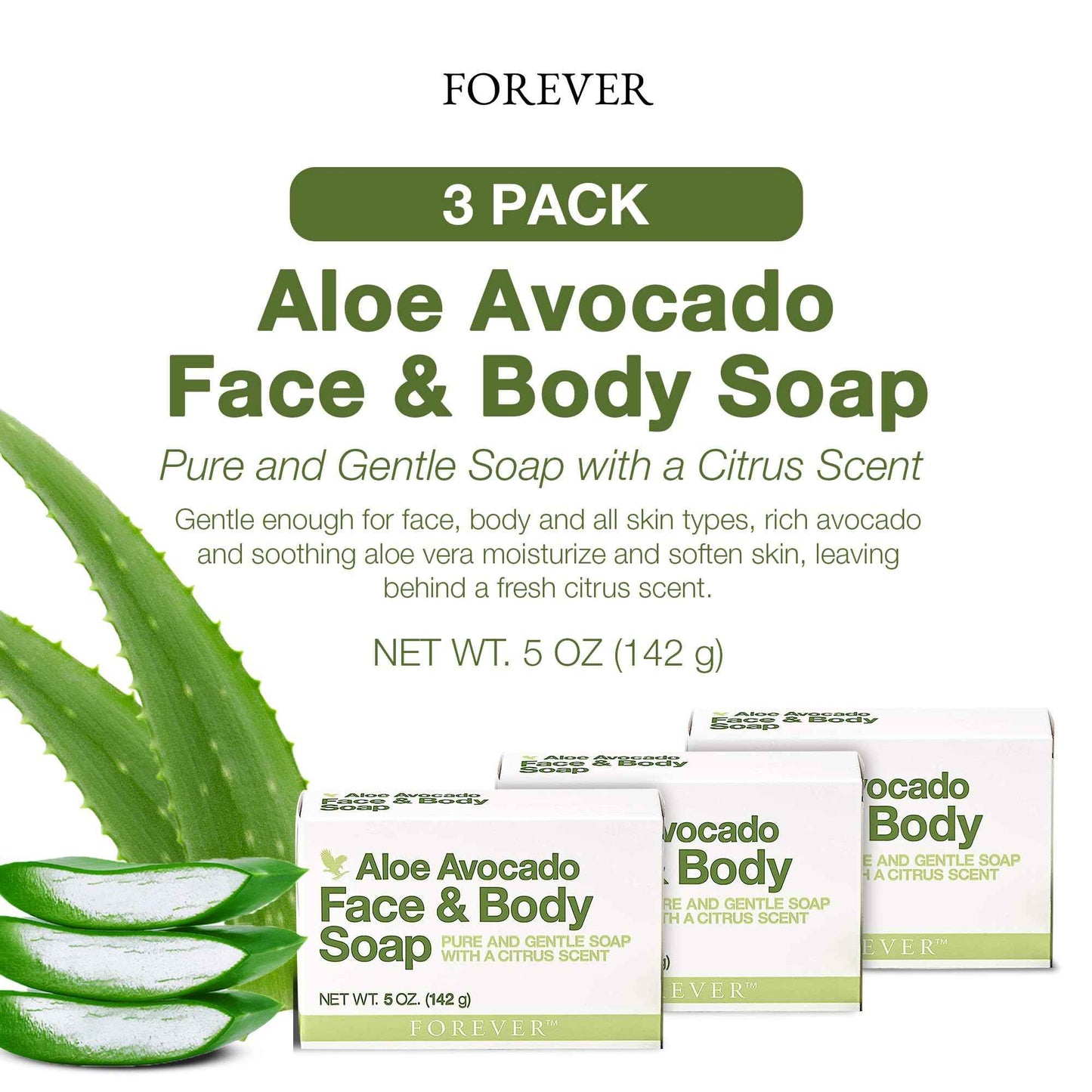Forever Living - Aloe Avocado Face and Body Soap - Gentle Cleansing with Fresh Citrus Scent and Moisturizing - Pack of 3