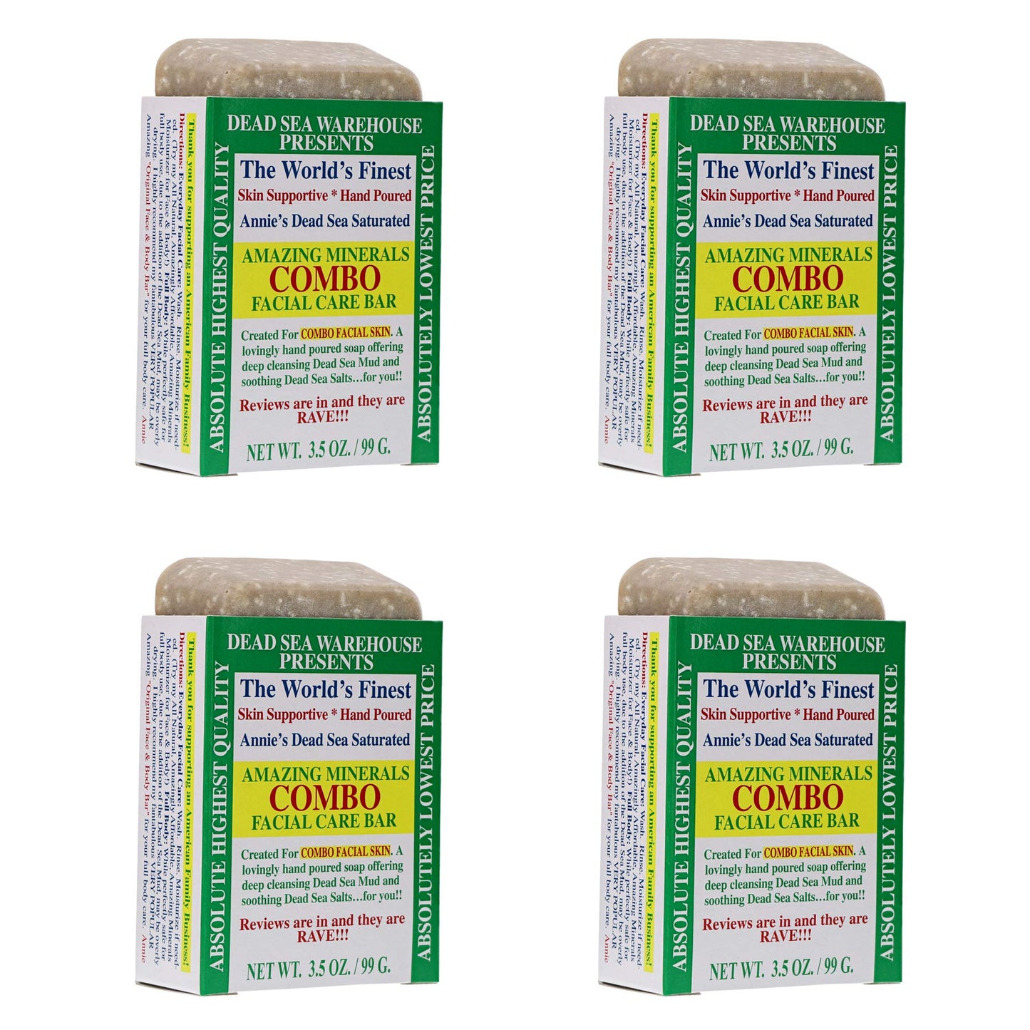 Dead Sea Warehouse - Dead Sea COMBO Facial Care Bar - Face Soap for Women and Men - Clarifying Dead Sea Mud & Salt Soap for Combination Skin, Handmade & Unscented, 3.5 oz - 4 Pack