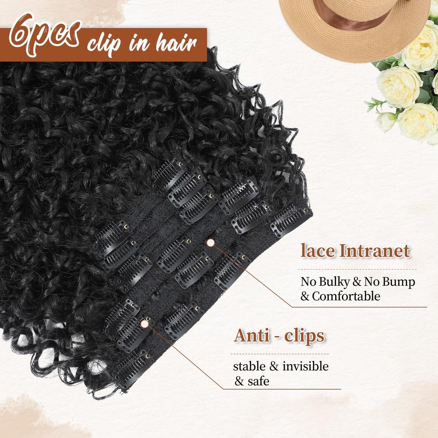 Curly Clip in Hair Extensions, Molefi 3b 3c Curly Clip Ins Full Head for Women 20 inch 100% Pure Protein Silk Hair Extensions for Bridal Party Daily 6PCS with 16 Clips/Set
