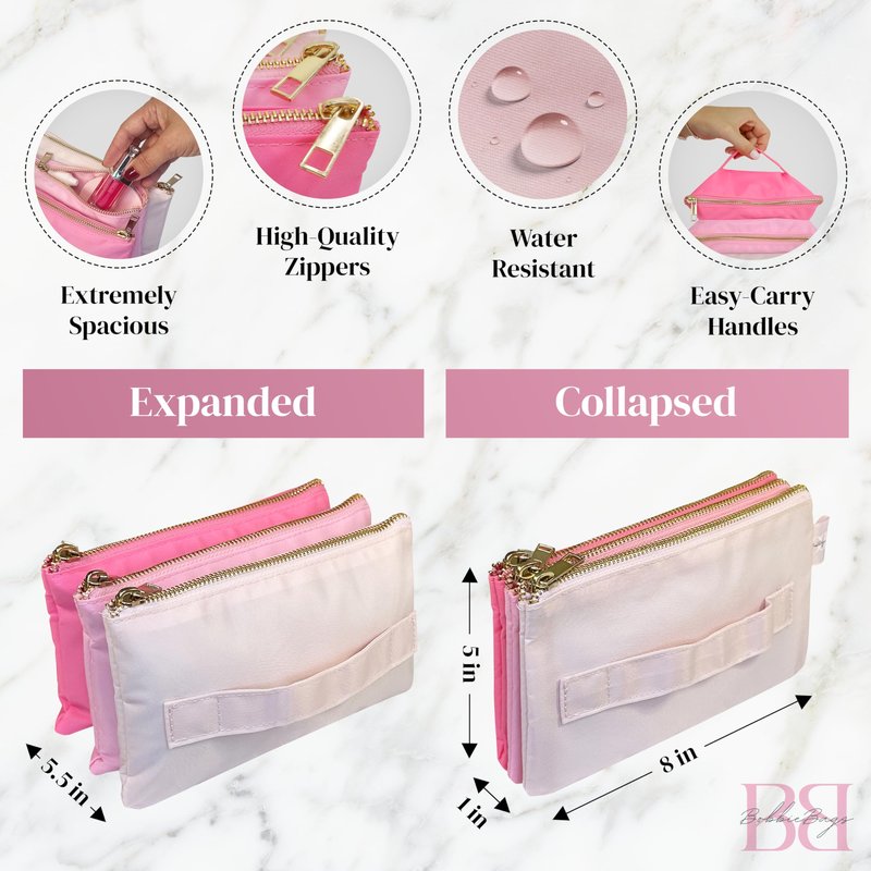 BOBBIE Accordion Travel Makeup Bag, Large Capacity Cosmetic Bags for Women, Durable & Compact Make up Organizer, Lightweight & Portable Zipper Pouch, Water-Resistant Toiletry Bag with 3 Compartments