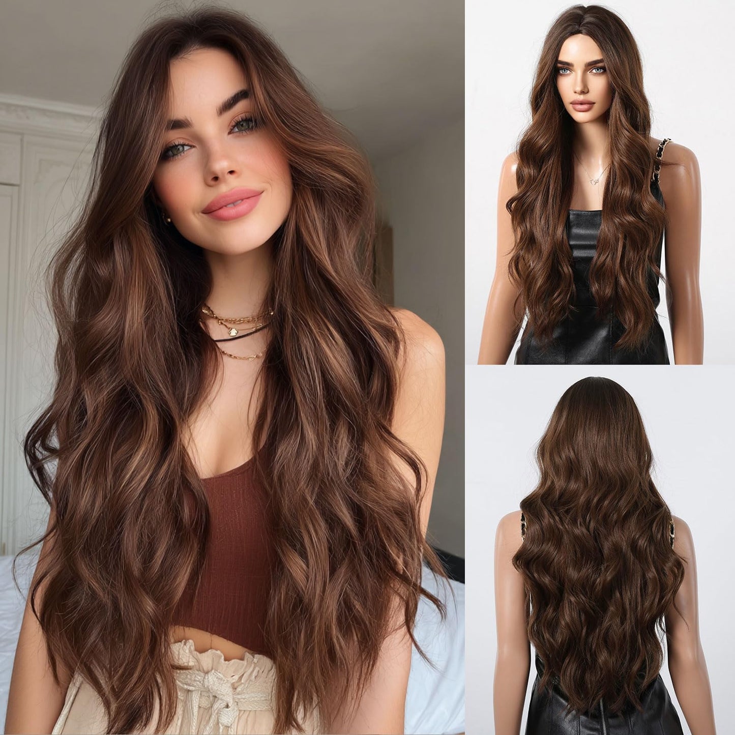 Ombre Brown Wigs for Women Long Wavy Wig Middle Part 26 Inch Ombre Wigs for White Women Brown Curly Wig Layered Brunette Wigs Synthetic Natural Looking Hair Replacement Wigs for Girls Daily Party Use