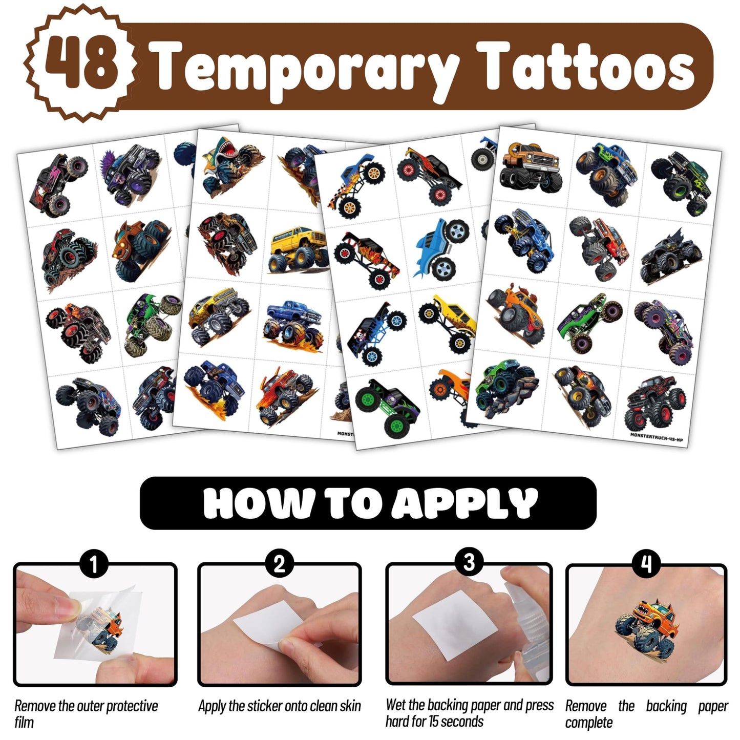 72 PCS Monster Truck Party Favors – 48 Pre-Cut Temporary Tattoos & 24 Punch Balloons Themed Birthday Party Decorations Supplies Favors Gifts Goodie Bag Fillers Classroom Rewards for Boys Girls