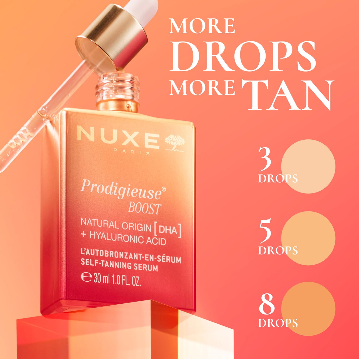 NUXE Prodigieuse Boost Self Tanning Drops for Face and Neck. Self Tan Serum with Hyaluronic Acid and 100% Natural DHA for a Gradual, Radiant Glow, 1.0 Fl Oz