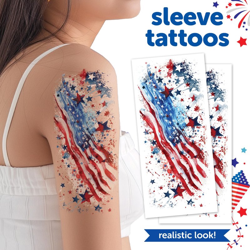 Fourth of July - America Temporary Tattoos, American Flag Arm Sleeve Tattoos & Freckle Tattoos, Red White and Blue Arm Stickers, 4th of July, USA Party Favors (Fourth of July 95pk)