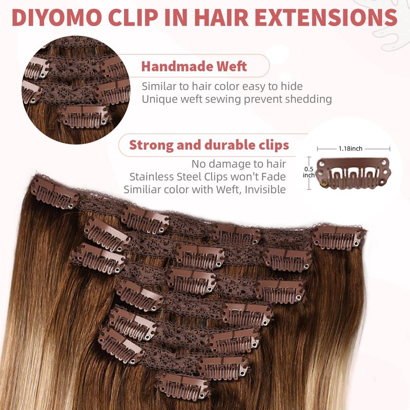 DIYOMO human hair clip in extensions Soft&Natural clip in hair extensions real human hair 120g 7pcs Straight&Invisible (14Inch #3822)