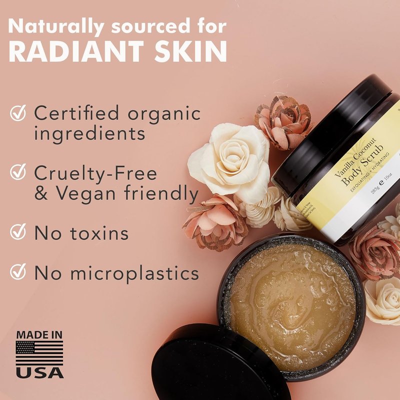 Organic Vanilla Coconut Body Scrub - Natural Sugar Exfoliator for Dry Skin | Moisturizing & Gentle on Sensitive Skin