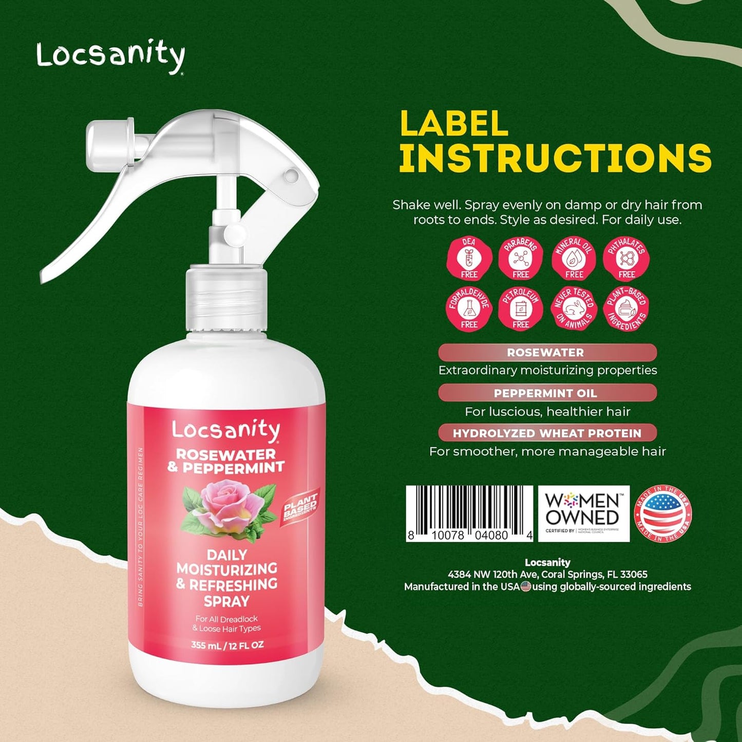 Locsanity Daily Moisturizing Rosewater & Peppermint Spray - Lightweight Frizz Control for Locs & Dreadlocks | Natural Hair & Scalp Moisturizer (12 fl oz)