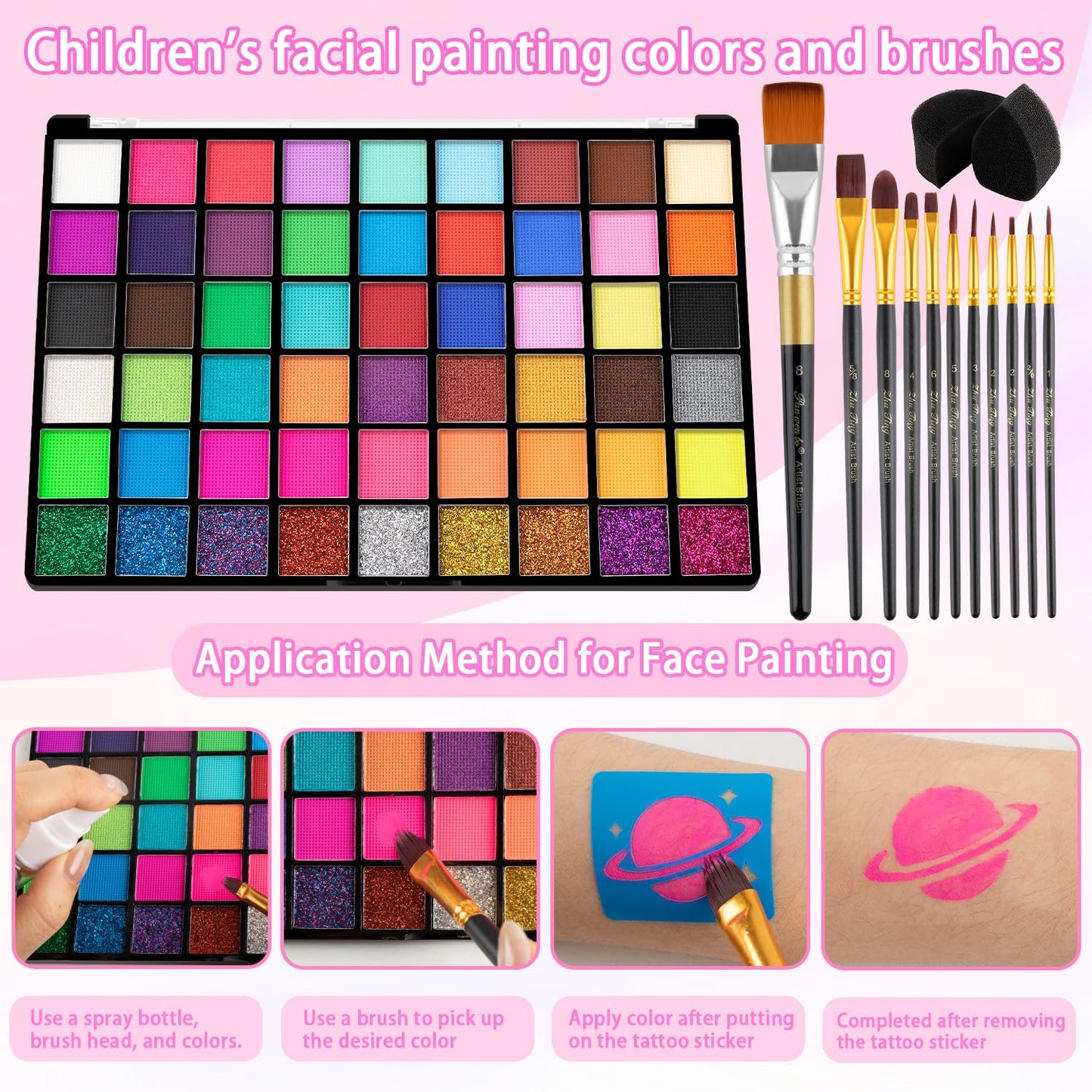 Face Painting Kit ,54 Colors Face Paint Makeup Kit,Non-Toxic Water Activated Facepaint Pallette with Brushes,Stencils,Sponge,Gems,For Halloween,Christmas Carnival, Party,cosplay ctc.