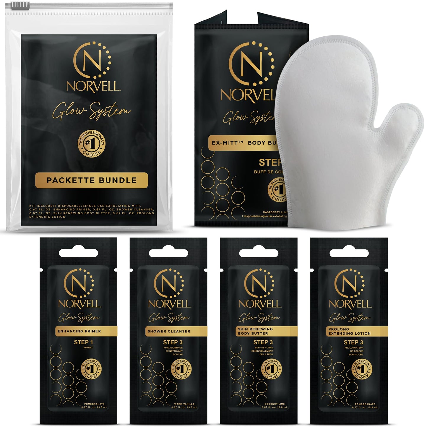 Norvell Glow System Trial Set – 5-Step Sunless Tanning Essentials with Exmitt, Primer, Cleanser, Body Butter & Prolong – Reusable Travel Pouch