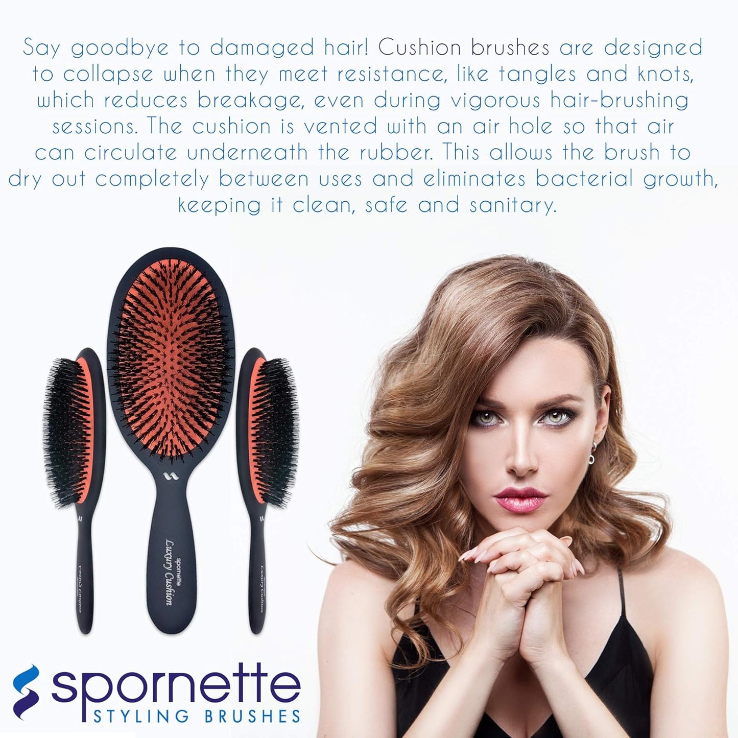 Spornette Boar Bristle Hair Brush - Small Oval Vented Cushion Brush for Styling | Reduces Breakage, All Hair Types
