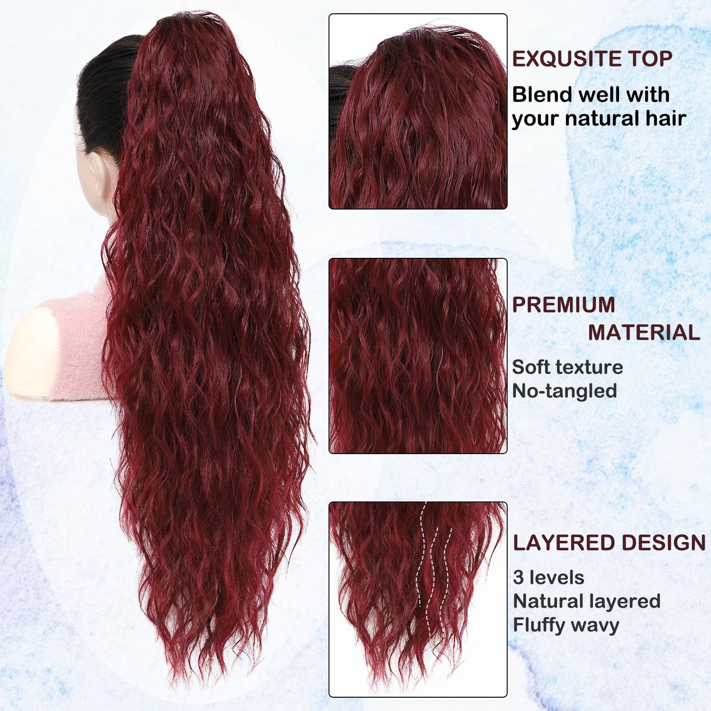 ISIGROSI Wine Red Wave Ponytail Extension Claw In - 28 Inch Long Curly Natural Wave Pony Tail Synthetic Clip in Hairpiece Ponytail Hair Extension for Women Daily Use