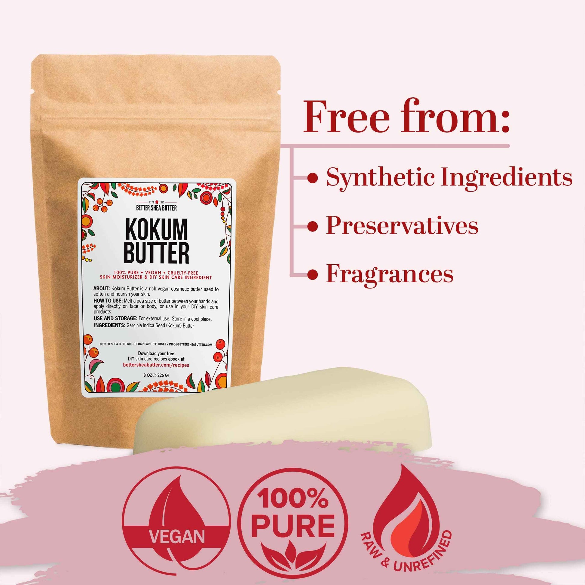 Raw Kokum Butter Unrefined - Body Butter Bar for Soap Making and DIY Skin and Hair Care Products - Pure, Unscented Moisturizer for Lotion Base - 8 oz Block