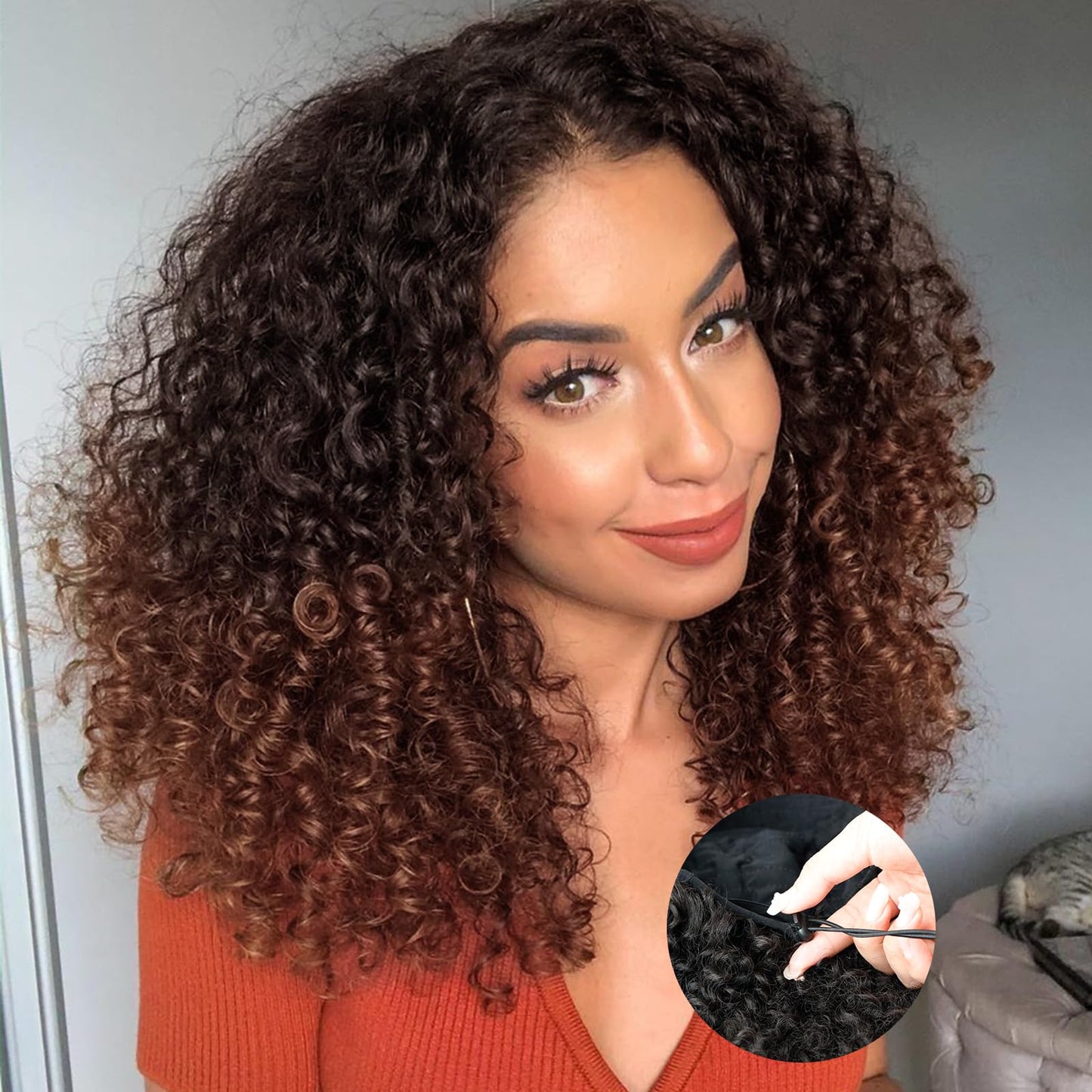 NOSTALGIA Half Wig Kinky Curly Flexi-Fit Invisi 3 in 1 Wigs Flip Drawstring Wig Glueless Synthetic With Natural Density Ready to Go Headband Wig for Women 16Inches(Black Mix Dark Brown 1B/33)