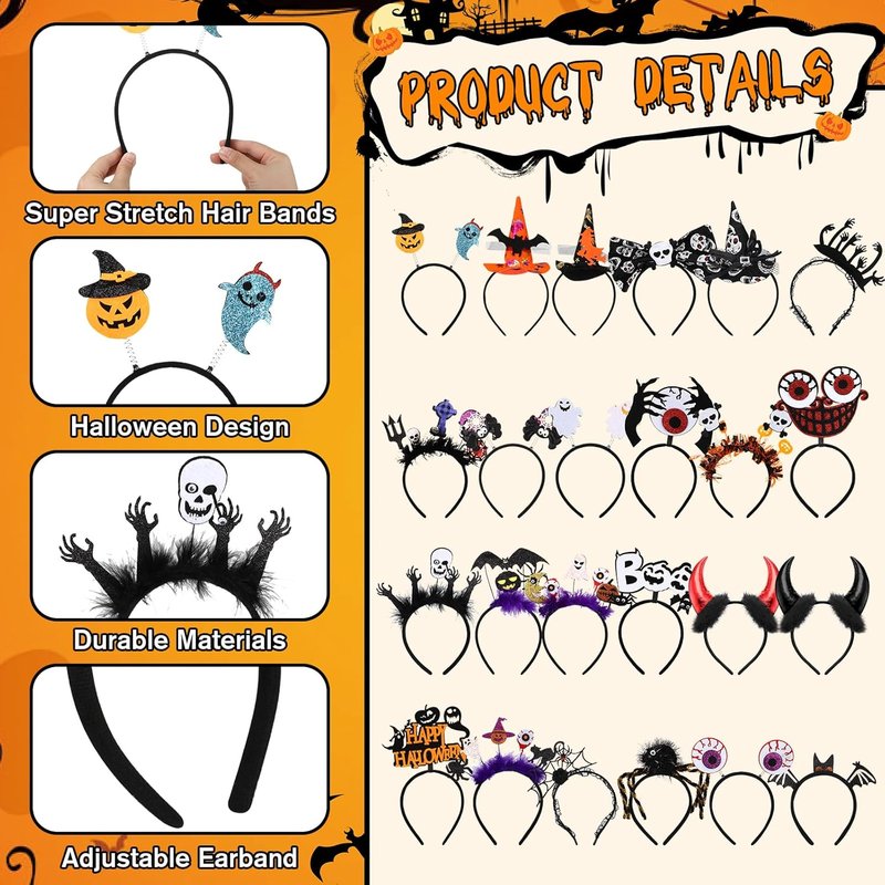 Halloween Headbands for Women - Witch Hat, Spiderweb, Bat & Ghost Props | 24 Pcs Classic Costume Accessories