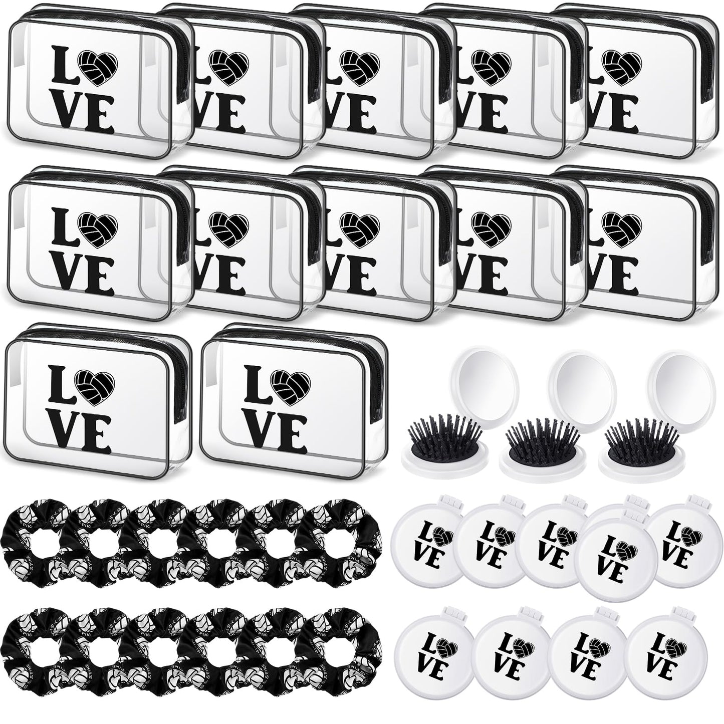 Yungyan 36 Pcs Volleyball Gifts 12 Volleyball Makeup Bag for Women Party Favors Team Gifts with 12 Sport Hair Scrunchies 12 Round Portable Folding Brush
