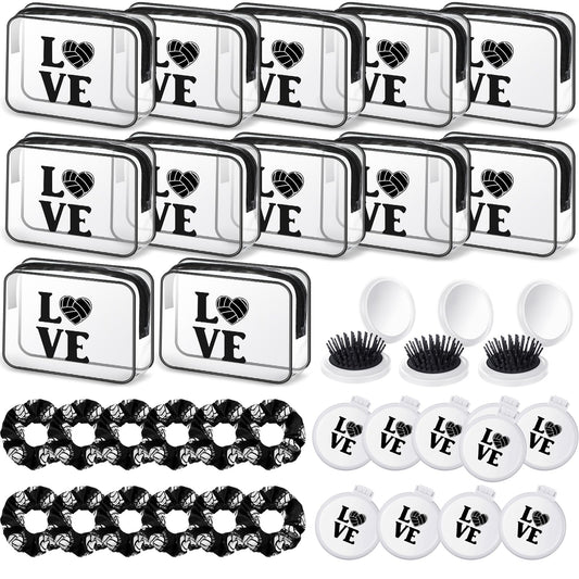 Yungyan 36 Pcs Volleyball Gifts 12 Volleyball Makeup Bag for Women Party Favors Team Gifts with 12 Sport Hair Scrunchies 12 Round Portable Folding Brush