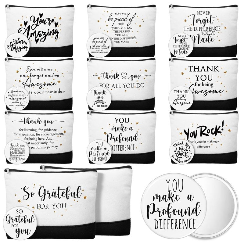 Paterr 20 Pcs Thank You Gift Bulk Employee Appreciation for Women Inspirational Canvas Makeup Bags with Zipper and Mini Compact Mirrors Gift for Coworkers Staff Nurse Girls Teacher Friend