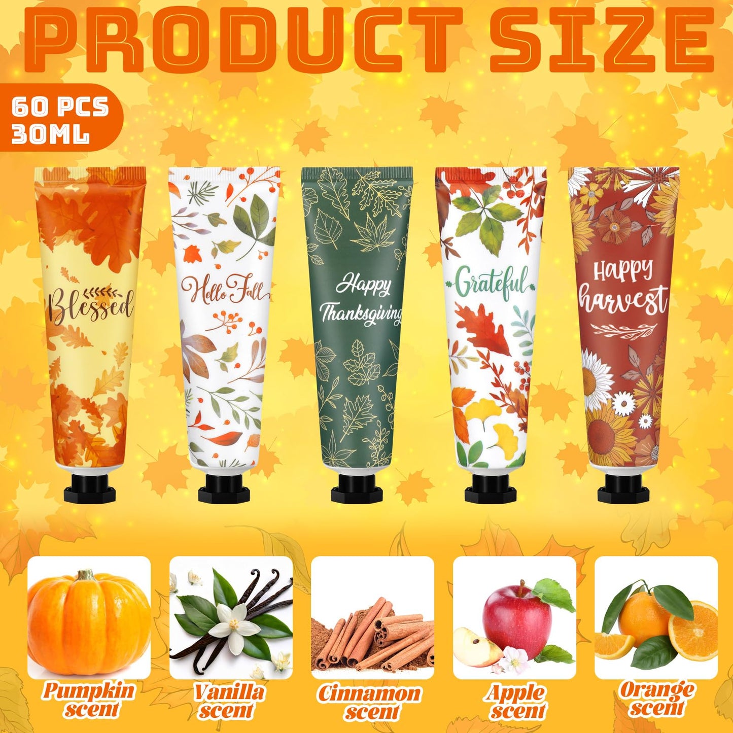 Heigble 60 Pcs Thanksgiving Fall Hand Lotion Gifts Bulk for Women Maple Leaves Hand Cream 30ml Natural Botanical Fragrance Mini Lotion for Chapped Hands Travel Thanksgiving Autumn Party Supplies
