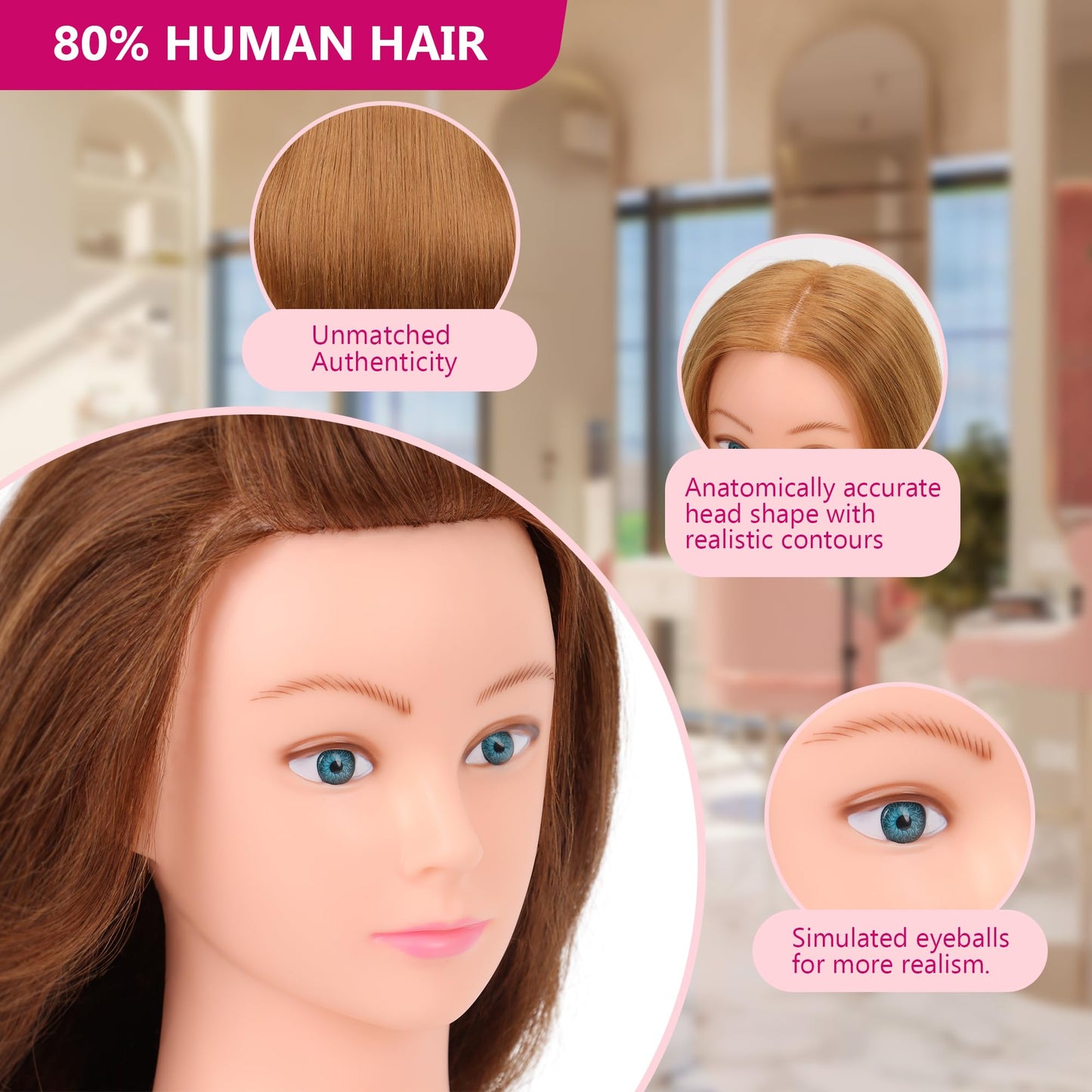 YODIDI Mannequin Head Human Hair 26""-28"" Female 80% Human Hair Mannequin Head Hair Styling Cosmetology Manikin Head Doll Head for Hairdresser with Free Clamp Holder and Tools