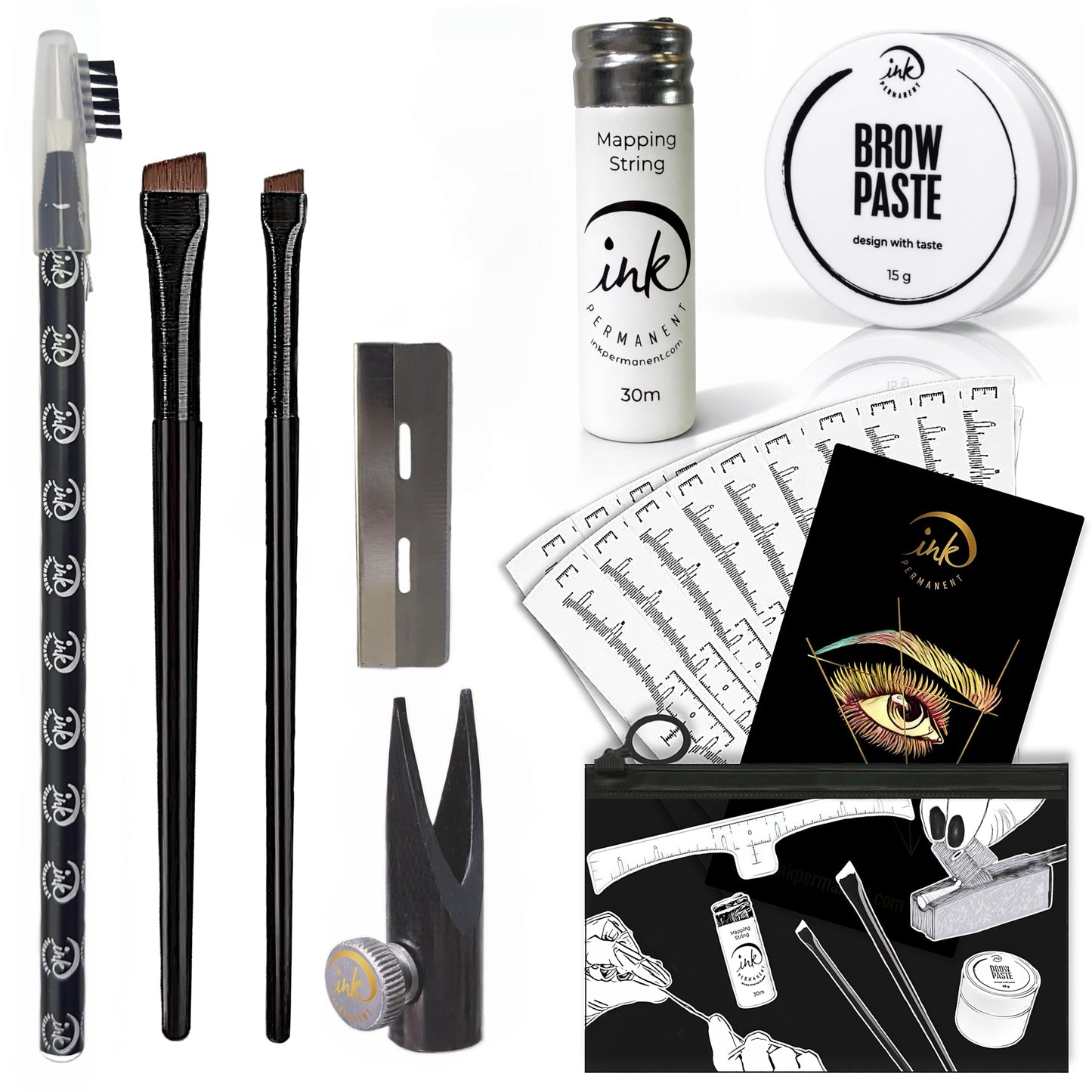 Eyebrow Mapping Kit with 30m White Mapping String, 15g White Brow Paste, 2 Eyebrow Brush Set, Microblading Pencil for Outlining, Pencil Shaper and Blades, 20 Brow Ruler Stencils + Instructions