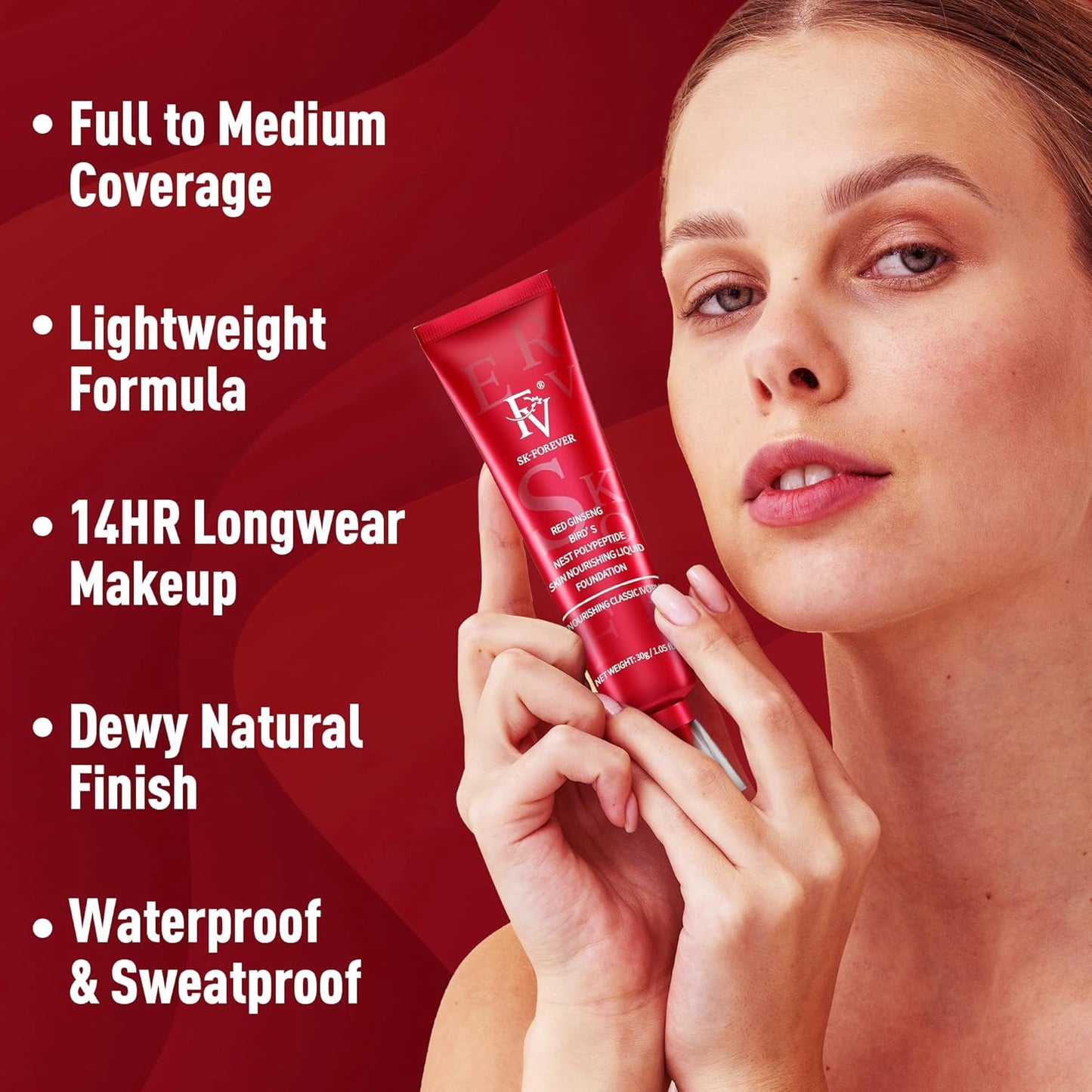 Dewy Liquid Foundation - Hydrating, Lightweight Formula for Medium-Full Coverage | Waterproof for Dry/Combination Skin, 30g, Nourishing Ivory