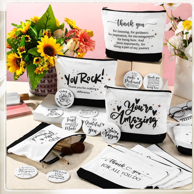 Paterr 20 Pcs Thank You Gift Bulk Employee Appreciation for Women Inspirational Canvas Makeup Bags with Zipper and Mini Compact Mirrors Gift for Coworkers Staff Nurse Girls Teacher Friend