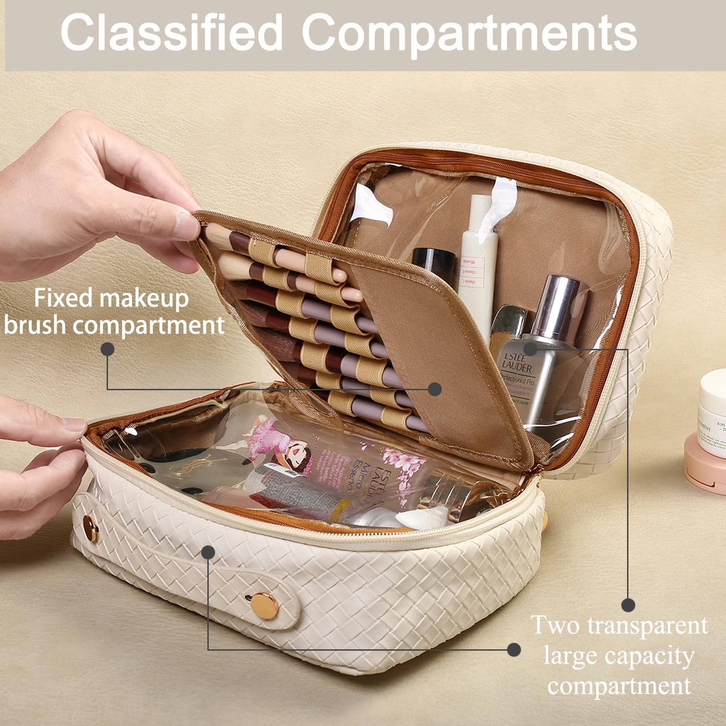 BAKLUCK Travel Makeup Bag Large Capacity Cosmetic Bags with Clear Double Sided, Checkered Makeup Bag with Makeup Brush Compartments, PU Waterproof Leather Makeup Organizer Bag for Women, Beige