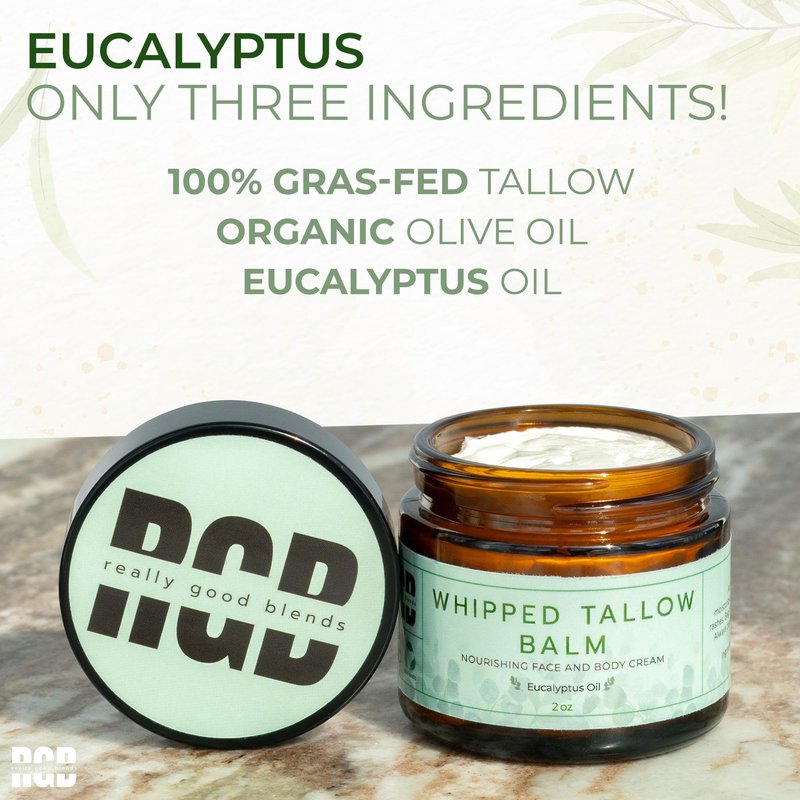 Really Good Blends Whipped Tallow Balm (Eucalyptus), Organic Body Butter Cream, Grass Fed Beef Tallow for Skin Moisturizer, All Natural Lotion, 2 oz